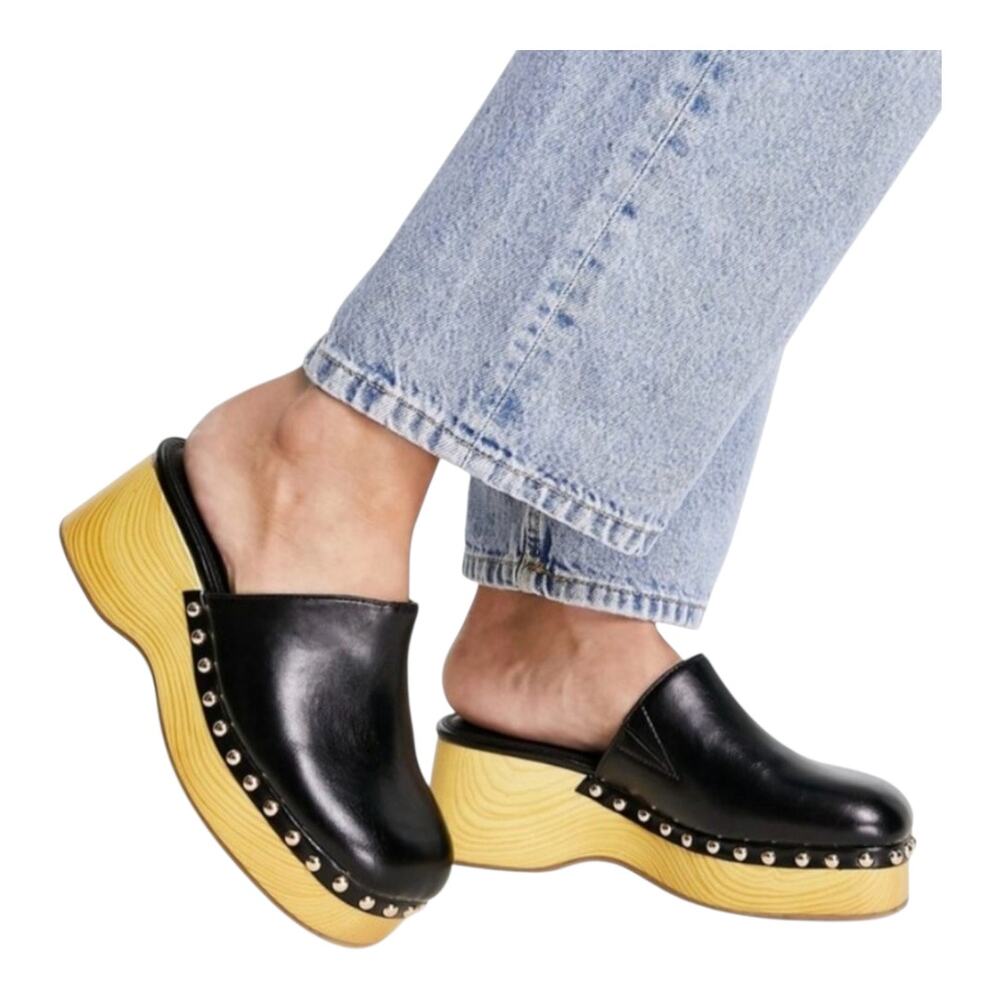 ASOS Design Salvia Platform‎ Clog Mules Black Leather Women's Size 4 US